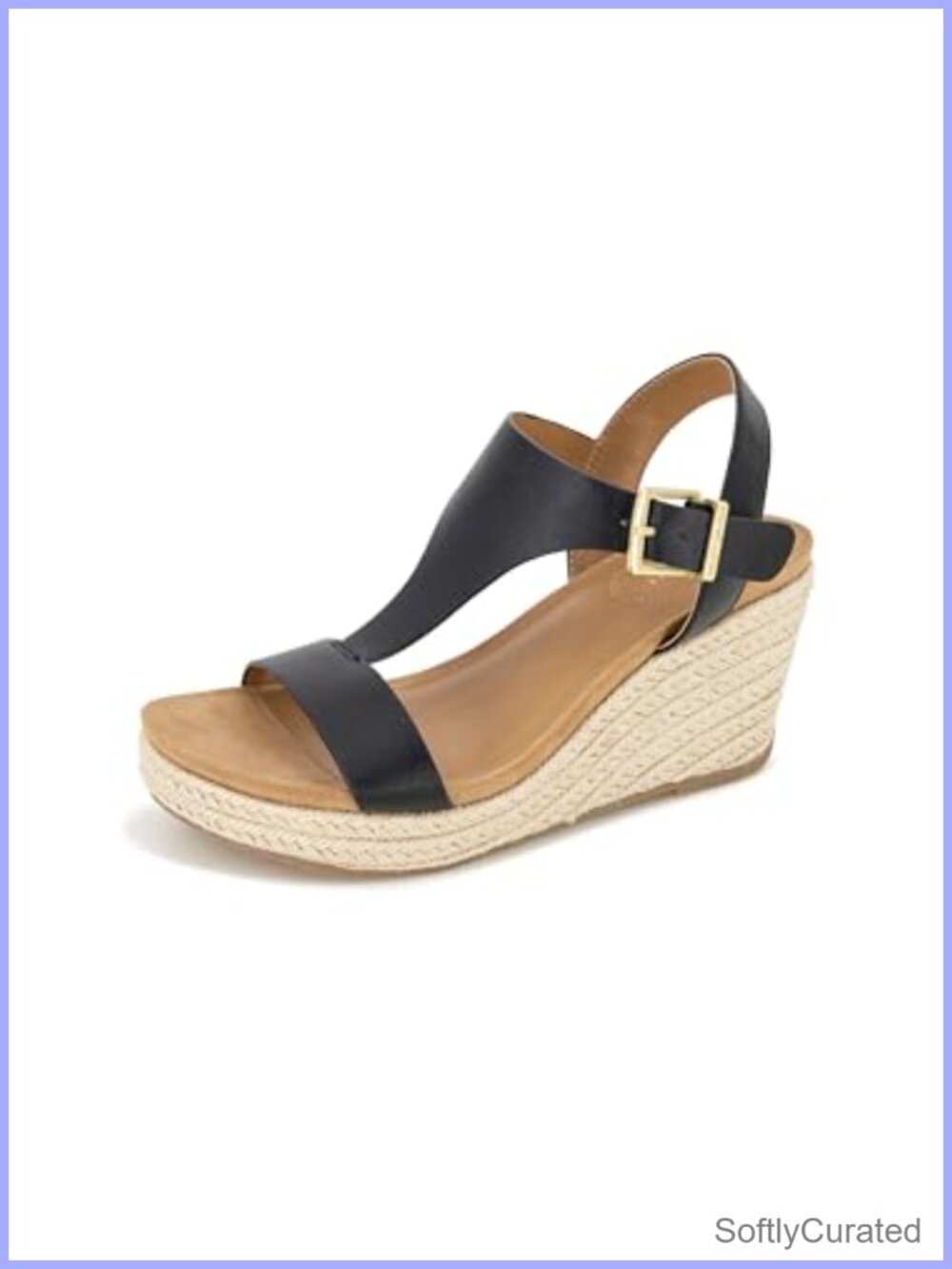 Faux Leather Espadrille Wedge Sandal T-Strap Buckle Cushioned